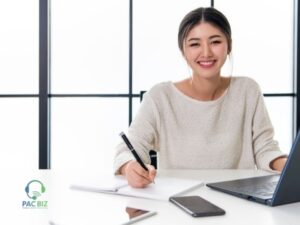 Young Asian Woman Happy Working on Laptop Virtual Assistant Outsourcing Back Office Marketing Work From Home